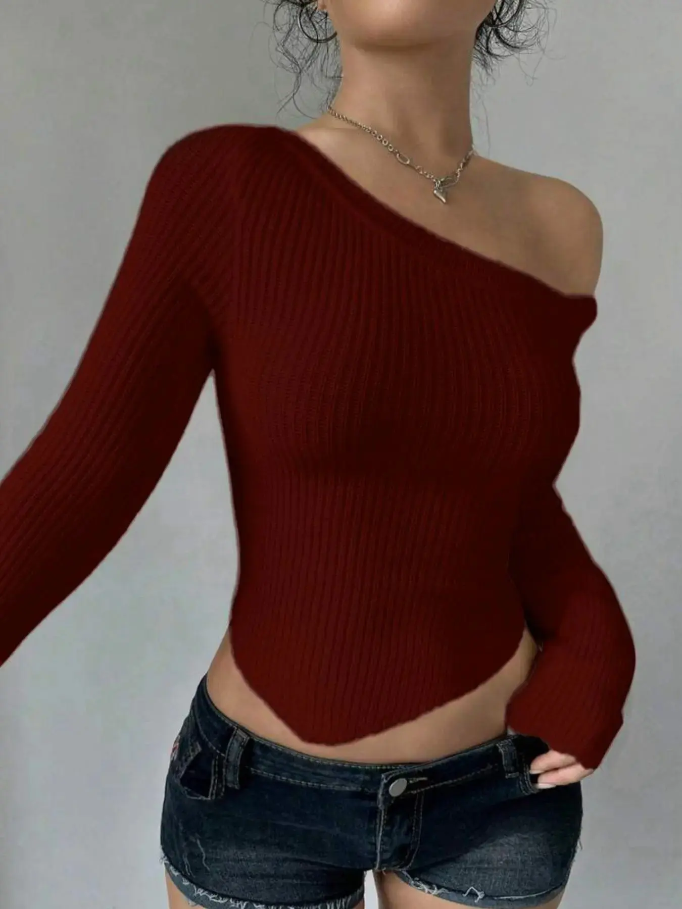 Women's Plain Asymmetrical Neck Crop Sweater Long Sleeve Asymmetrical Hem Jumper Spring Fall Daily Basic Knitwear Soft 2026