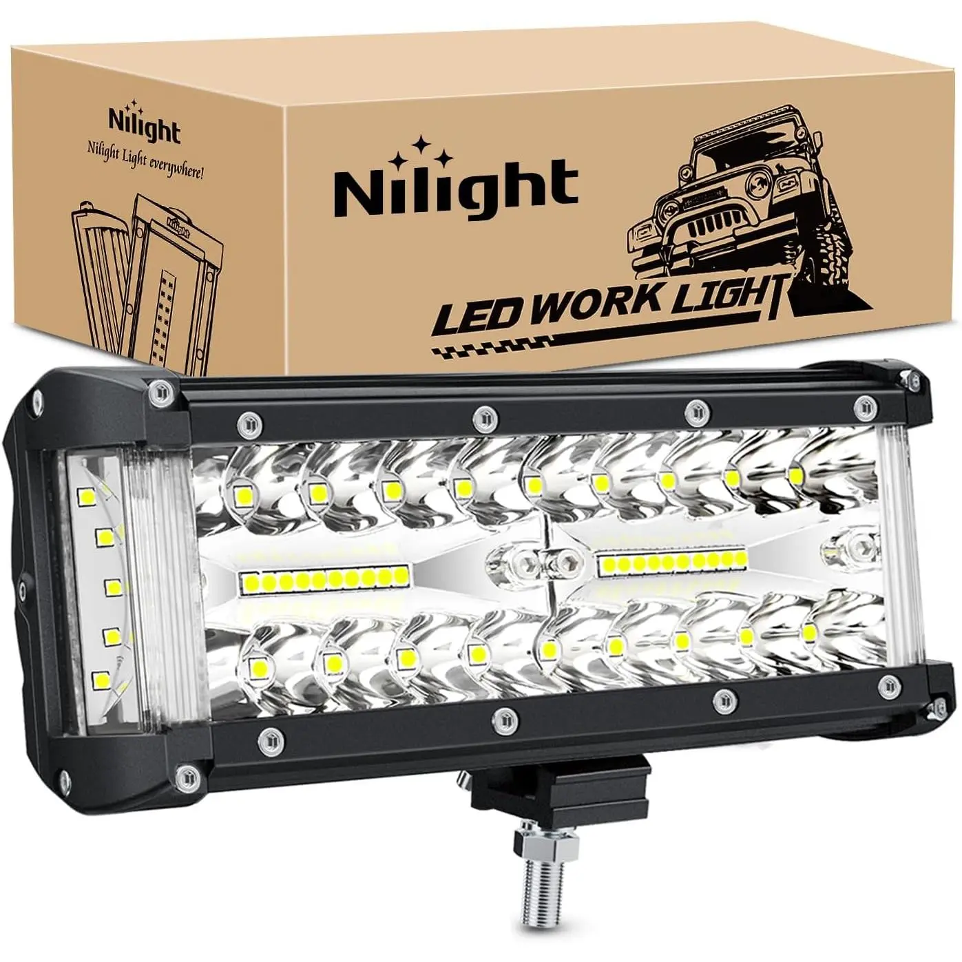 Nilight 7-in Triple Row Flood-Spot Mix Side Shooter Work Light - 75W, 15000 Lumens, 200° Wider and Further Light Coverage, 6063 Aluminum Housing, 9-30V DC, Adjustable Durable Bracket Mount, Great Heat Dissipation, IP67 Waterproof, for Truck, ATV