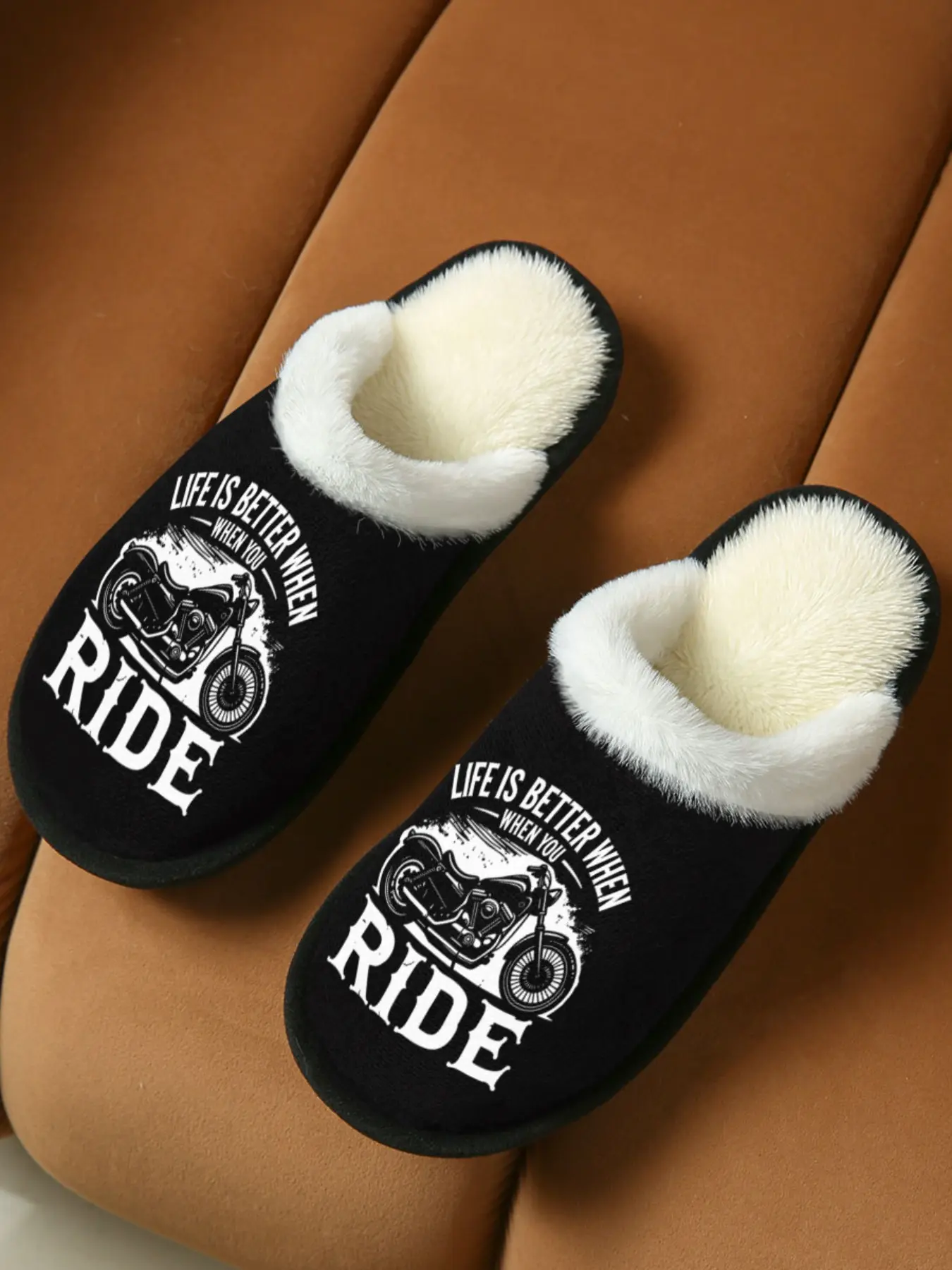 Motorcycle Quote Slippers 1 Pair | Urban Biker Style with LIFE IS BETTER WHEN YOU RIDE Slogan and Bike Graphic | Plush White Fur Collar Warm Anti Slip Sole | Perfect for Motorcycle Lovers Home Wear Edgy Couple Gift