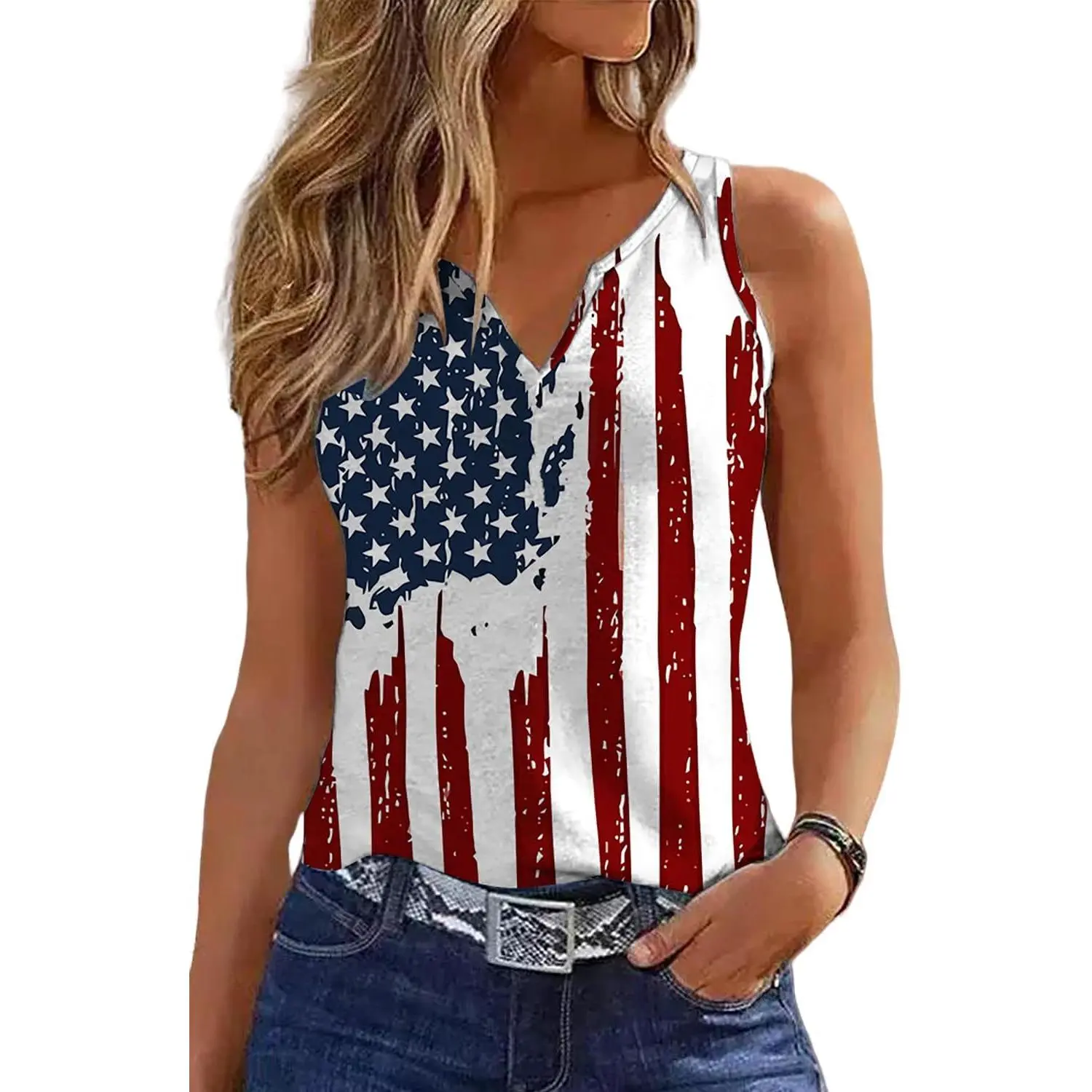 Women 4th of July V-Neck Tank Tops American Flag Print Vest USA Flag Sleeveless Tee Patriotic Summer ShirtsGift.