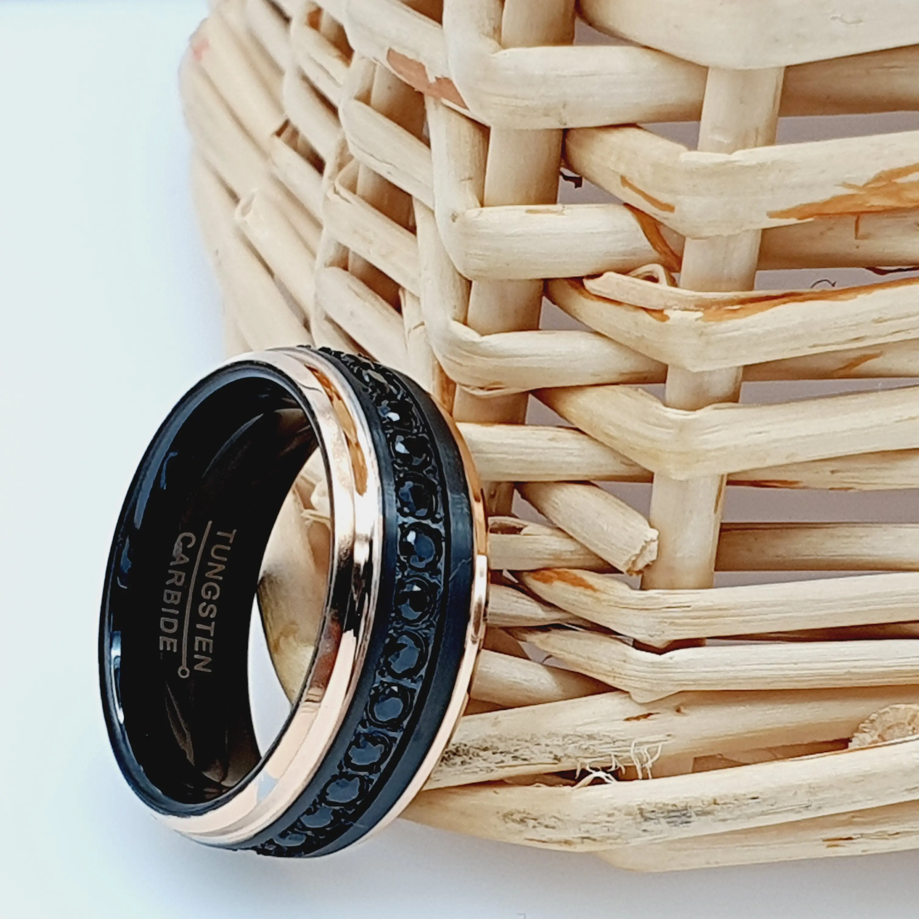 Mens Rose Gold Tungsten Black Diamond Ring with Raised Center Black Diamond