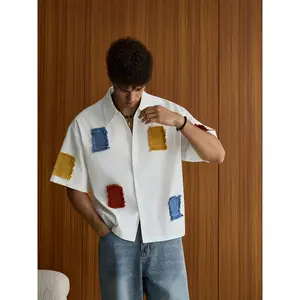 Men'S Summer Casual Contrast Patchwork Shirt, Lapel Short Sleeve Fashion Shirt