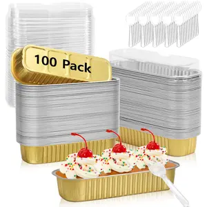 100 Pack Mini Loaf Pans with Lids and Spoons Disposable Aluminum Tin Foil Pans Rectangle Mini Loaf Cake Container for Baking,Party,Picnics,Gifts