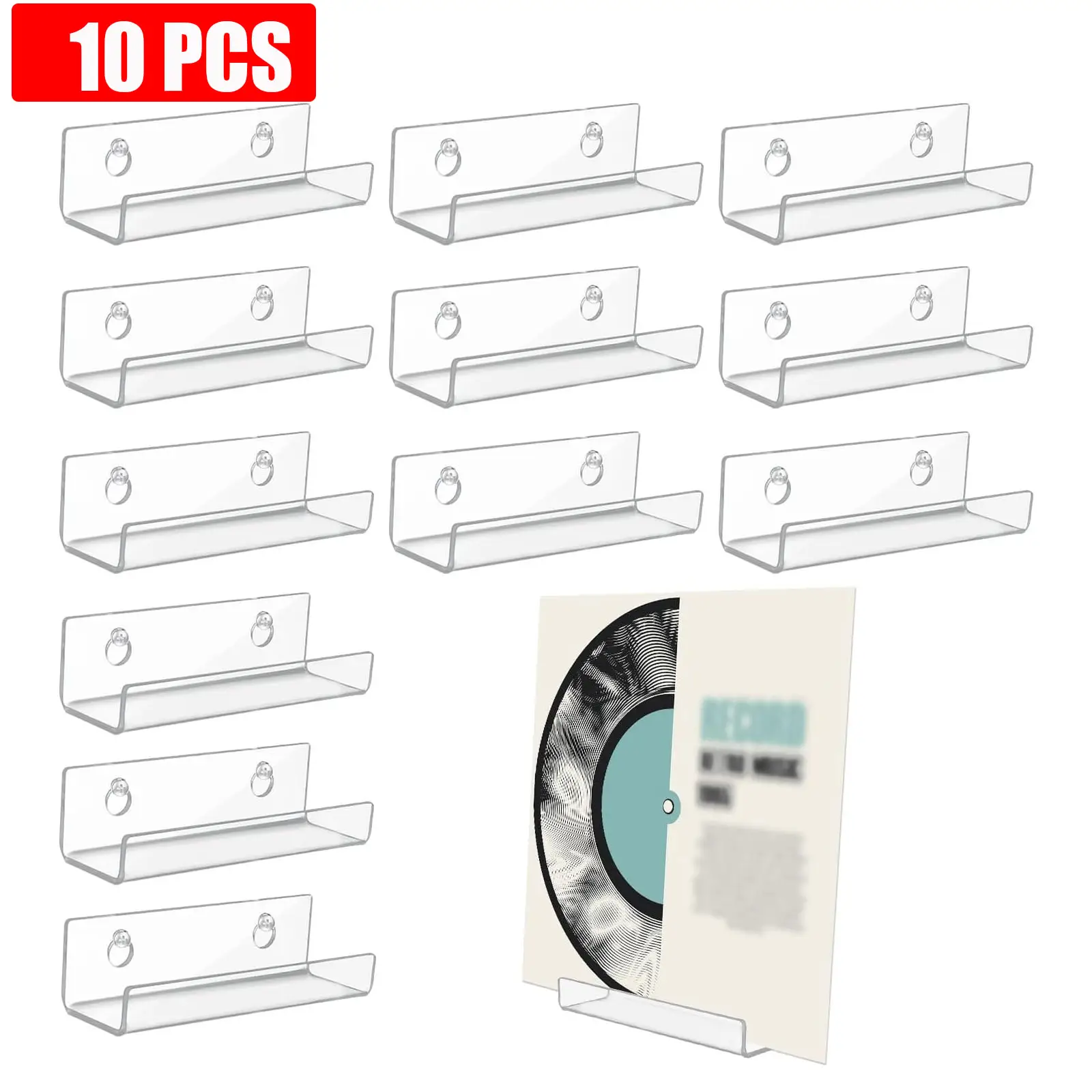 10 Count Vinyl Record Wall Mount Shelf, 4 inch Acrylic Album Record No Drill Adhesive Tape Vinyl Record Storage Display Holder Stand Racks for Album C