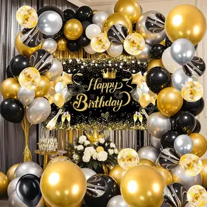 80 count Black  Happy Birthday Party Balloons Set with Photo Backgrounds Backdrops Banner Cloth Gliter Black Golden Bday Balloon Decorations Happy Birthday Party Supplies for Men Women