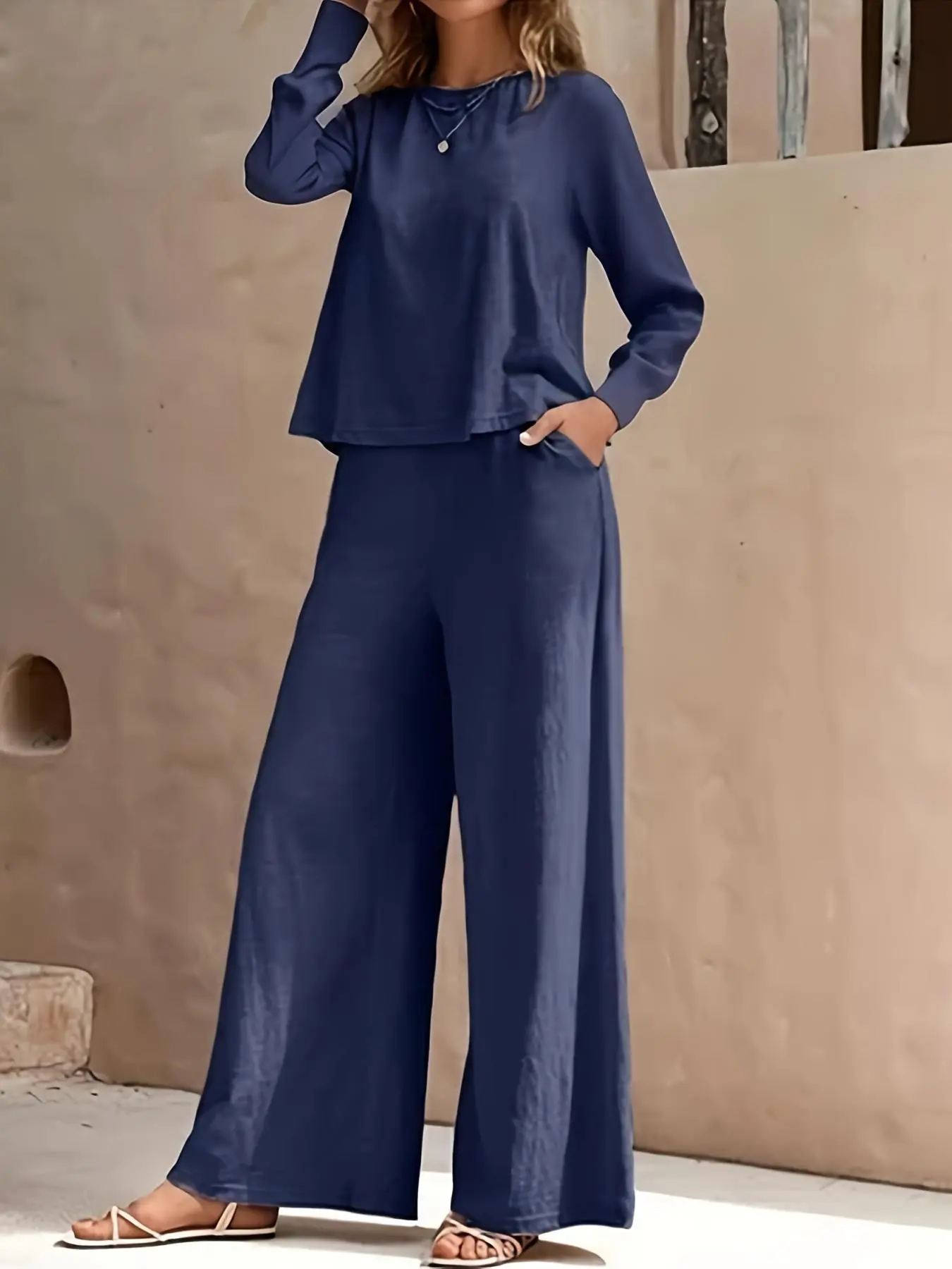 Women's 2pcs Elegant Casual Tank Top & Wide Leg Pants Suit Set Mustard-Yellow Solid Color Loose Fit Long Sleeve Outfit Structured Wide-Leg Trousers for Fall/Spring Versatile for Office Semi-Formal & Casual Attire Comfortable & Stylish Two Clothes