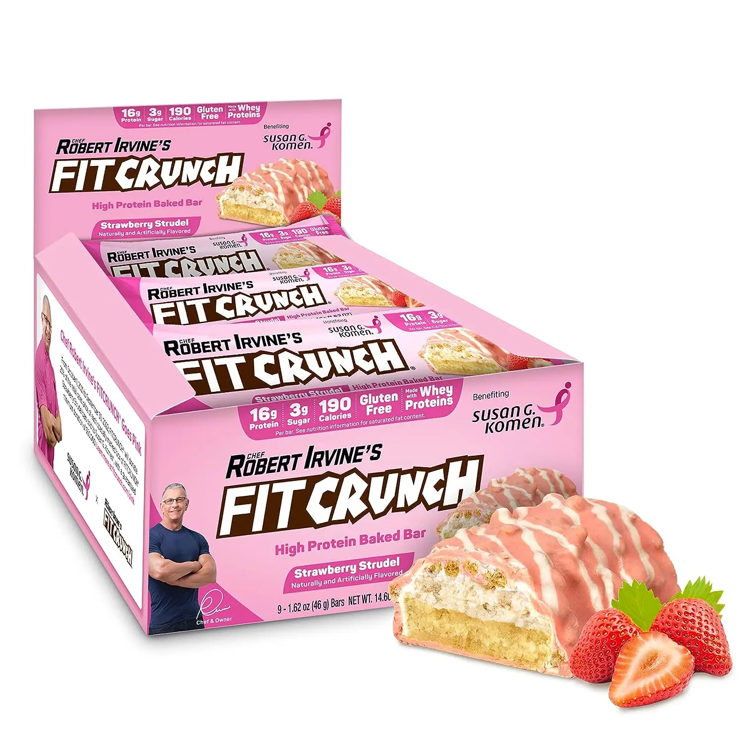 FITCRUNCH Snack Size Protein Bars, Designed by Robert Irvine, 6-Layer Baked Bar, 3g of Sugar, Gluten Free & Soft Cake Core (9 Bars, Strawberry Strudel