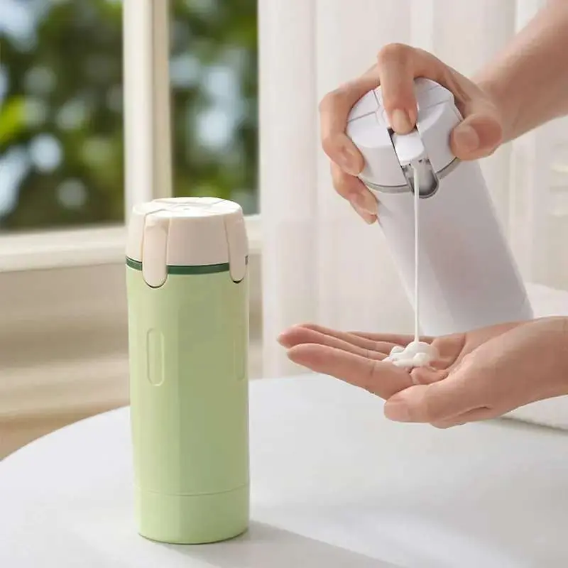 4-in-1 travel dispenser bottle, portable toiletry container for shampoo, conditioner & lotion, multifunctional cosmetic storage bottle with easy press smooth flow design, compact plastic travel essentials for vacation