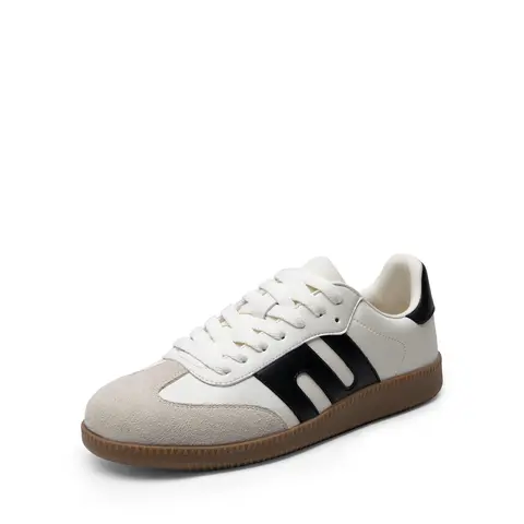 Dream Pairs Women's Nia Aesthetic Low-Top Casual Sneakers - White/Black, Faux Suede & Vegan Synthetic Footwear, Round Faux Suede Toe, Breathable Mesh, Laces, Mesh Insole, Grip Rubber Sole, Luxe Look All-Day Ease Shoes for Women