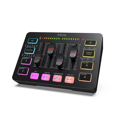 fifine SC3 Gaming Audio Interface Mixer - Wired Streaming Device with 20-20kHz Range, Multiple Ports, RGB LED Light, XLR, 48V Phantom Power, Volume Faders, Mute Button, Type-C USB, 3.5mm Jack, Compatible with PC, Smartphone, PS5