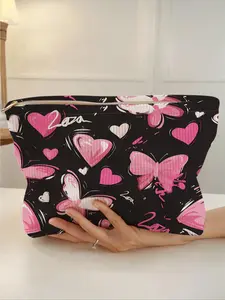 Butterfly & Heart Pattern Corduroy Makeup Bag, Cute Lightweight Multi-functional Fashion Leisure Makeup Bag, Travel Makeup Bag for Women & Girls, Handheld Cosmetic Pouch
