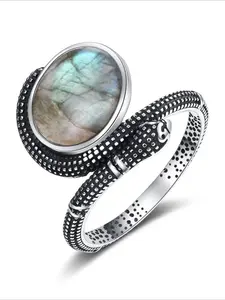Vintage 925 Silver Plated Snake Shaped Rings 10*12MM Natural Labradorite Moonstone Turquoise Fine Jewelry Wedding Gift