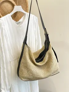 Women's Zipper Closure Woven Grass Bag, Large Capacity Beach Accessory, Fashionable Casual Summer Straw Backpack for All Seasons