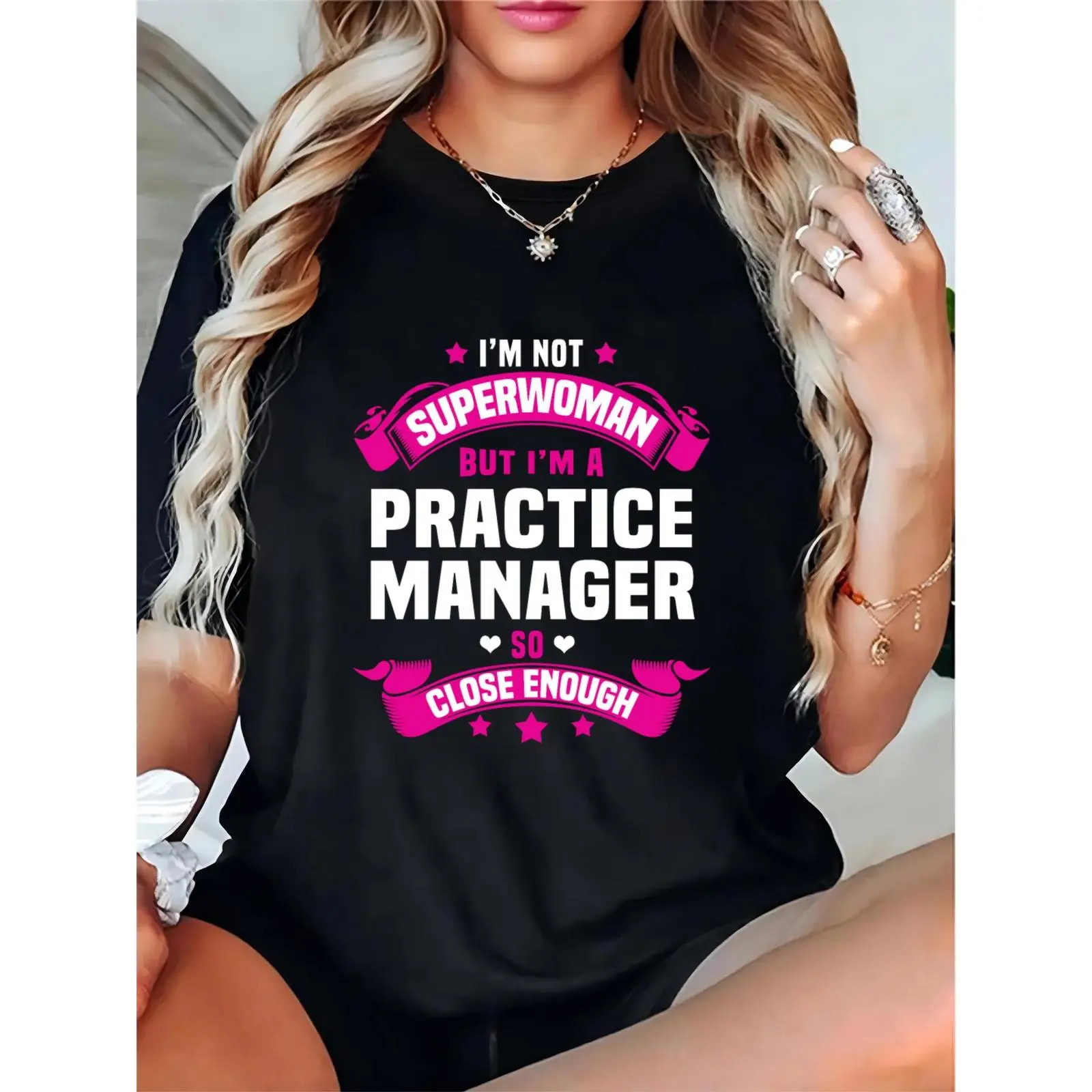 Women’s Practice Manager Superwoman Quote T-Shirt, Funny Casual Office Top for Female Managers, Gift for Practice Managers