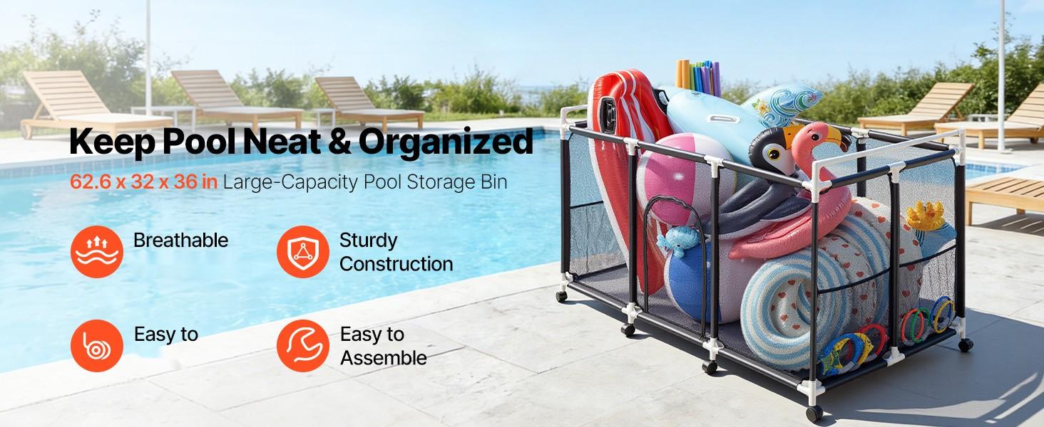 Pool Storage Bin And Rolling Organizer For Pools, 62.6 X 32 X 36 Inches, Durable Plastic Frame With Side Pockets, Casters, Mesh Basket For Pool Toys, Noodles, Floats, And Accessories Pool Storage Bin And Rolling Organizer For Pools, 62.6 X 32 X 36 Inches, Durable Plastic Frame With Side Pockets, Casters, Mesh Basket For Pool Toys, Noodles, Floats, And Accessories