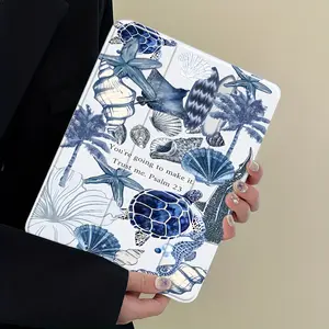 Blue and white ocean poetry scroll pattern, with adjustable stand and pen slot, foldable anti slip TPU protective case, suitable for Samsung, iPad mini, iPad Air, iPad Pro/iPad 10th generation, 11th generation and other series of iPad protective cases