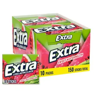 EXTRA Gum Sweet Watermelon Sugarfree, Bulk, Individually Wrapped, Long-Lasting Juicy Watermelon Flavor, Perfect for Fresh Breath at School, Work, and Travel 15 Count, Pack of 10 Bubblegum flavor Snack