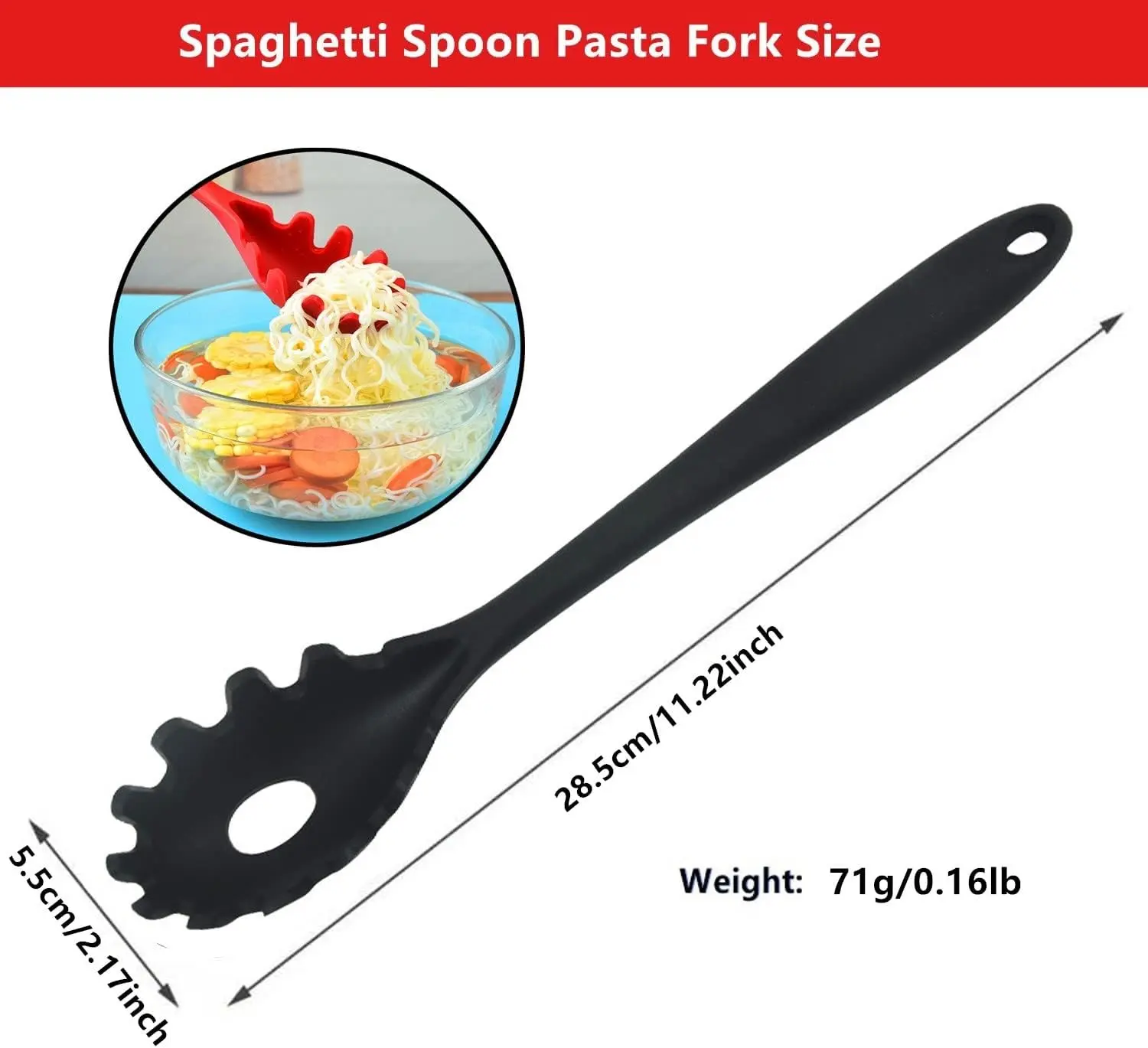 Spaghetti Spoon Pasta Fork,Silicone Pasta Fork,11.2 inch Spaghetti Strainer Kitchen High Heat Resistant Noodle Spoon Server,Food Grade Pasta Spoon with Stainless Steel Handle,BPA Free (Black)