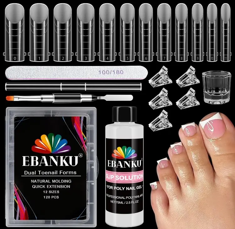 EBANKU Poly Gel Toenail Kit, Reusable Toe Dual Nail Forms with 2.5oz Slip Solution Poly Gel Nail Kit for Toe Nail Tips for Women with Double-end Brush, File, Clips, Liquid Container, 120PCS, 12 Sizes