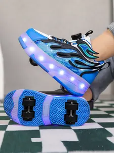 Boys Four-Wheel Roller Skates, New Wheel Sports Shoes, Adjustable Rotating Buckle, LED Light-Up, USB Charging, All Seasons