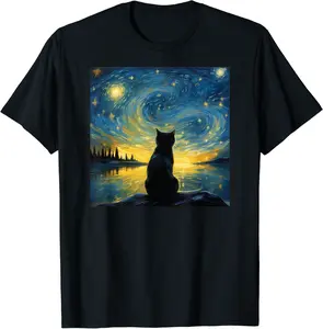 black cat Painting art Starry Night kitty kitten Van Gogh T-Shirt - Judithca Shop 20B0CPD127X3
