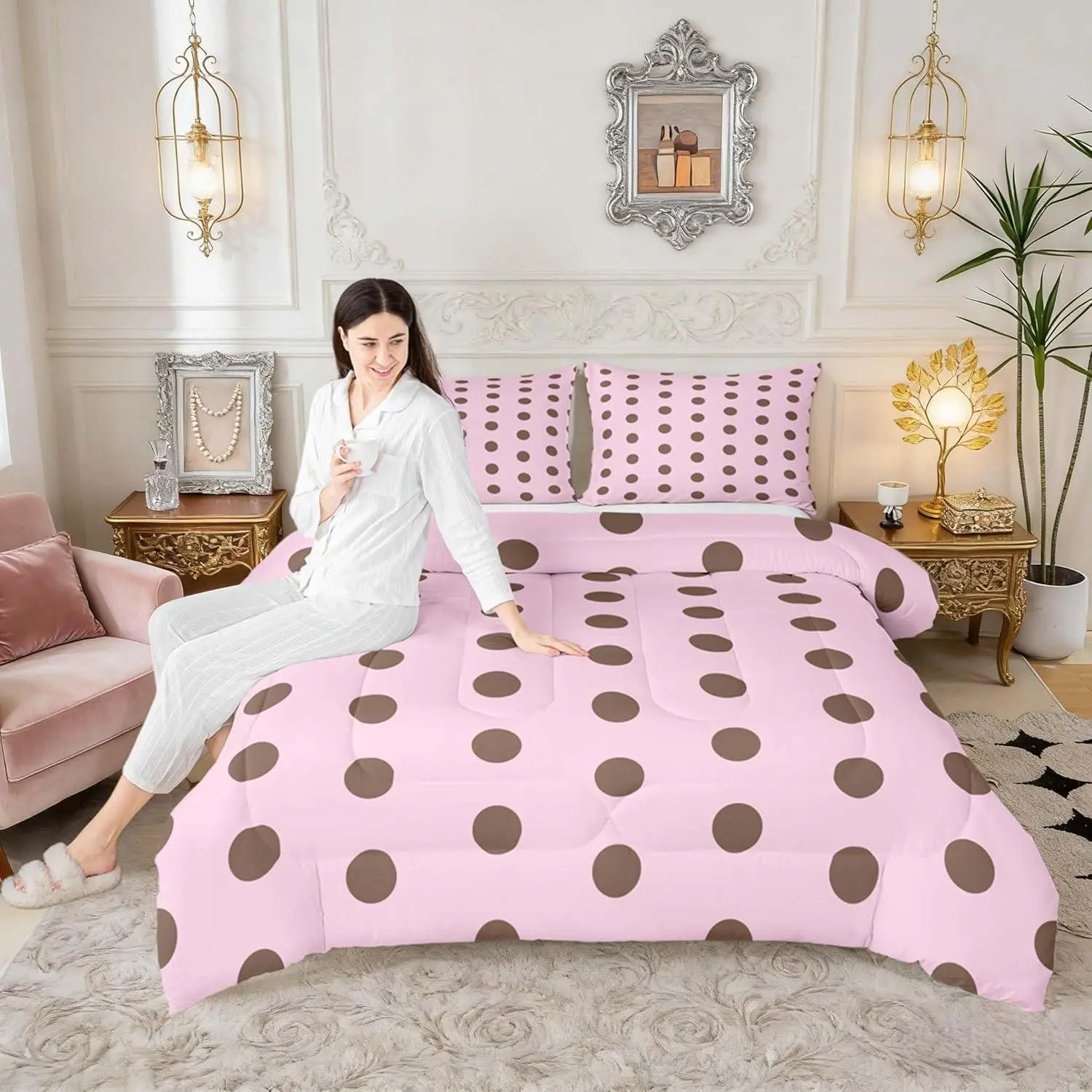 Pink Brown Polka Dots Comforter Set,Geometric Circles Lines Stripes Bedding Set Adults,Simple Polka Dots Decor Comforter Duvet Set