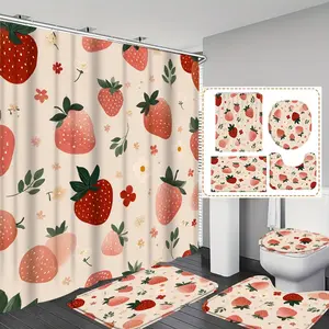 1pc/4pc Strawberry Fruit Pattern  printed shower curtain, shower curtain set with 12 hooks. The shower curtain set includes a bath mat, U-shaped floor mat, toilet seat cushion, bathroom accessor