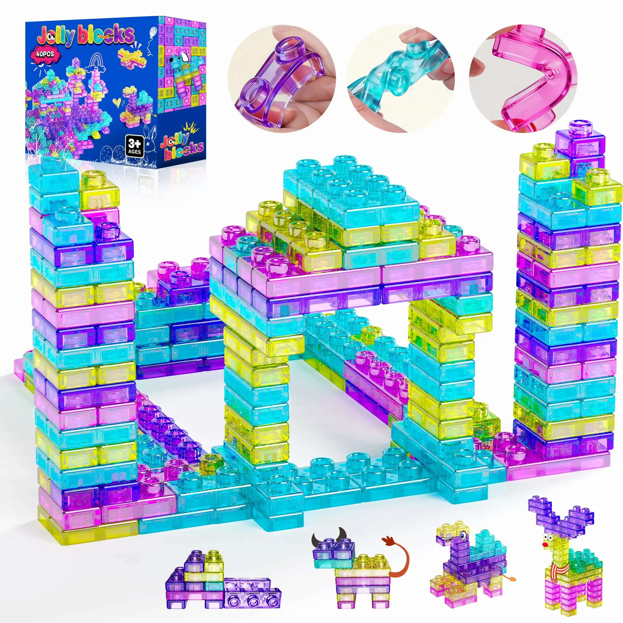 Soft Jelly Building Blocks Set for Toddlers 40PCS, Multi-color Stacking Squishy, Safe Squeezable & Stretchable for Kids 3+, STEM Montessori Early Learning Sensory Tactile Play, Construction Bath Toy, Creative Building Block