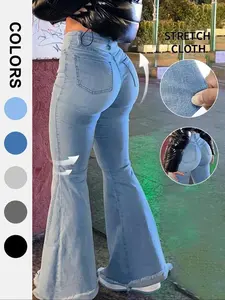 Women's Bell Bottom Flare Jeans Mid Rise Denim Pants Destroyed Raw Hem Denim Pants