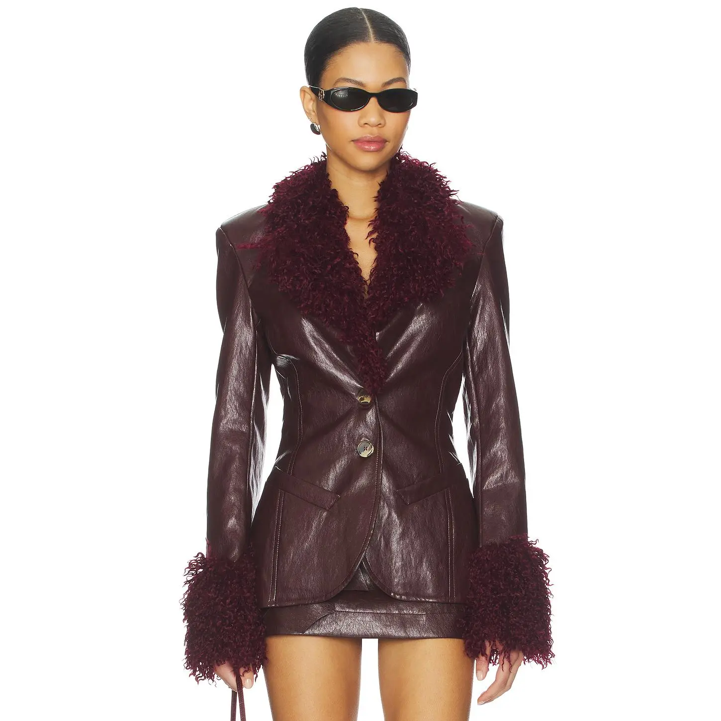 Milkwhite Fitted Blazer With Faux Fur Detail in Maroon Milkwhite Fitted Blazer With Faux Fur Detail in Maroon