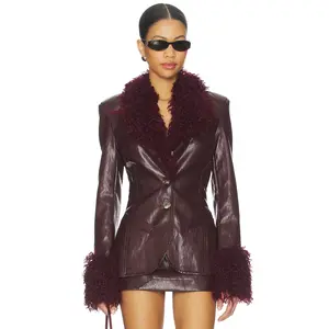 Milkwhite Fitted Blazer With Faux Fur Detail in Maroon