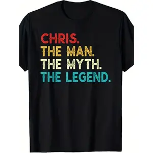 Men'S Vintage CHRIS The Man The Myth The Legend Graphic T-Shirt |   Red Retro Print, Soft Breathable Fabric, Regular Fit, Casual Everyday Sportswear, Crew Neck, Slight Stretch