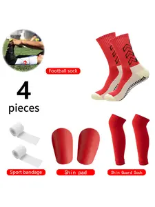 4 PCS Football Accessories Set Breathable Anti-Slip Football Socks Men Women Basketball Cycling Sports Grip Socks Competition Professional Shin Guard Socks Soccer Shin Pads Self Adhesive Elastic Bandages Cross Grip Socks