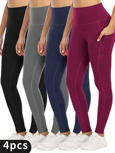 4pcs Flattering High-Waist Yoga Pants - Women's Leggings with Pocket,Butt-Lifting, Four-Way Stretch, Activewear for Fitness,Exercise,and Everyday Wear