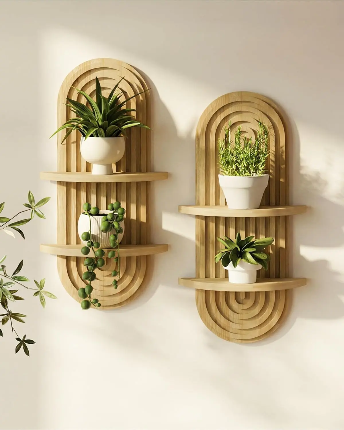Bamworld Boho Wall Decor Brown Plant Wall Shelf, Mid Century Modern Decor Hanging Plant Shelf, 1-Tier 2-Tier  Floating Shelves for Home, Bathroom Bedroom Living Room Natural