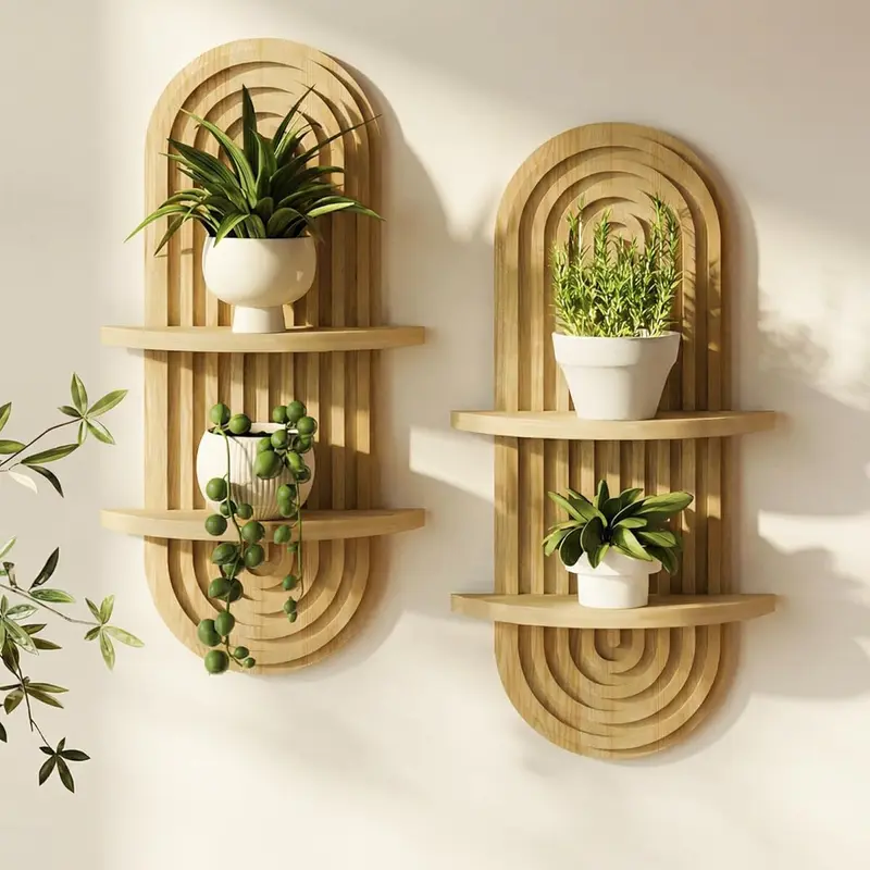 Bamworld Boho Brown Wooden Floating Plant Shelf - 1 Tier-1pcs/2-Tier Hanging Stand, Art Deco Mid-Century Retro Home Decor, for Indoor Plant Hanger, Home Bathroom Use, Gift-Worthy Shelves