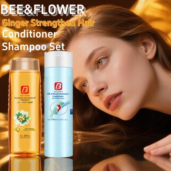 BEE&FLOWER Ginger Strengthen Hair Shampoo & Conditioner Set - 400ml + 450ml - Anti-Dandruff Formula - Hydrates & Strengthens Hair - Vegan & Cruelty-Free - Oil Control & Split End Repair