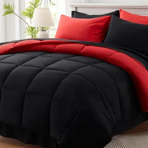 Queen Comforter Set 7 Piece, Reversible Bed in a Bag Queen Size, Soft Bedding Set with 88"X88" Comforter, 2 Pillow Shams, 2 Pillowcases, 1 Flat Sheet, 1 Fitted Sheet, Red & Black, Soft High Quality Lightweight Comfortable Breathable