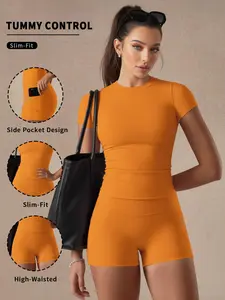 Women's Casual Sportswear Set, Comfortable Short Sleeves & Shorts, Ideal for Yoga Running Outdoor Activities, Spring Summer Wear