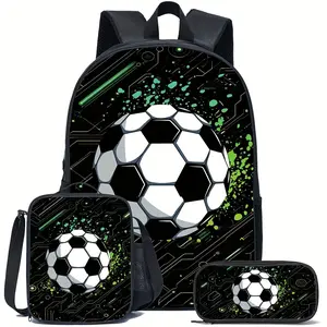 Cool Green Football Black Backpack Three-Piece Set, Large Capacity Backpack for Daily Commuting, for Teenager
