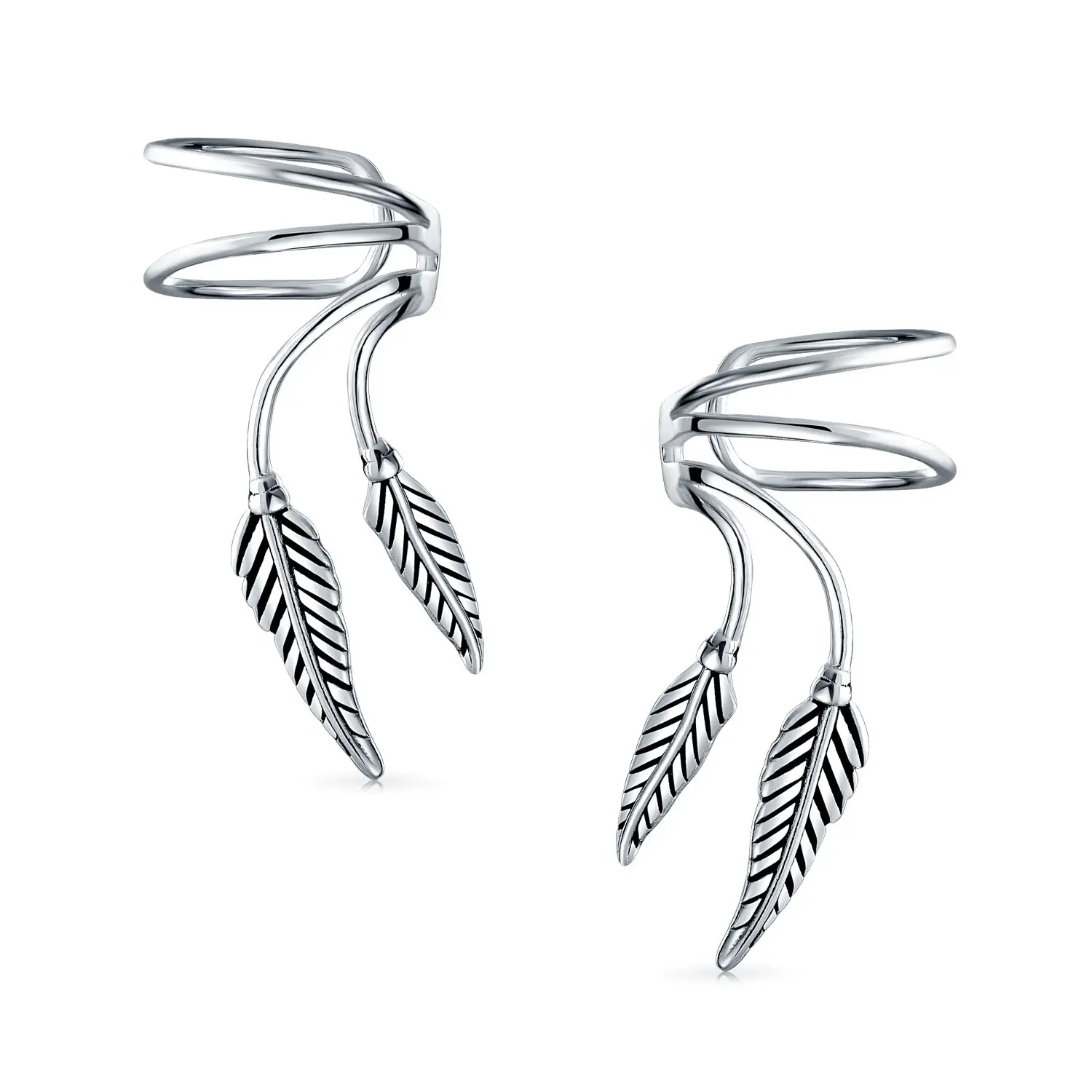 Double Feather Leaf Cartilage Ear Cuffs Earrings Oxidized Sterling Silver