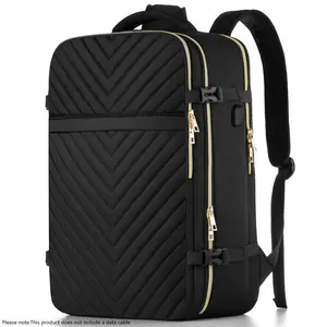 YAMTION 17 Inch Large Expandable Black Chevron Quilted Laptop Backpack with USB Charging & Gold Hardware, Water Resistant Backpack for Women, Students, Work, Business & Daily Commute