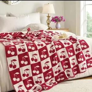 Ultra Soft Cozy Feather Yarn Knitted Checkered Blanket in Cherry Print, Simple Design, 50 X 60 Inches, Lightweight and Fluffy Fleece, Double Sided