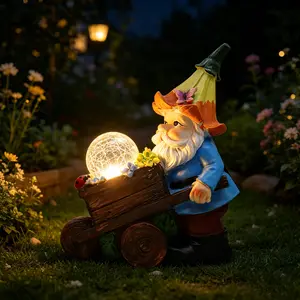 Solar Garden Gnome Statue with Crackle Glass Ball, Waterproof Outdoor Decor with LED Light, Perfect Housewarming Gift for Patio Lawn Yard