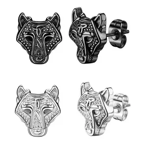 OIDEA Viking Wolf Head Rune Ethnic Animal Hoop Earrings - Stainless Steel Nordic Stud Jewelry for Male, Ideal for Birthday Gifts
