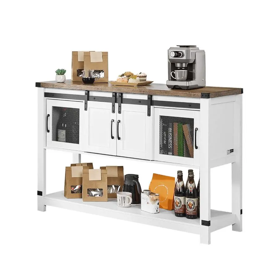 【DealsForYouDays】VEVOR Coffee Bar Cabinet, 47.3x 15.7x 32.7 in Farmhouse Coffee Bar Cabinet with 4-Tier Storage, Coffee Bar Table with Barn Doors, Farmhouse Sideboard Buffet Cabinet for Living Room, Entryway