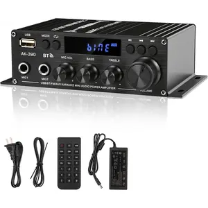 Stereo Amplifier  Audio Receiver -390,AMP Speaker  5.0 Amplifier 400W+400W 2 Channels with 12V/3A Power Amplifier HiFi Amplifier FM Radio,(BT,USB, AUX, Mic)Input for  Party