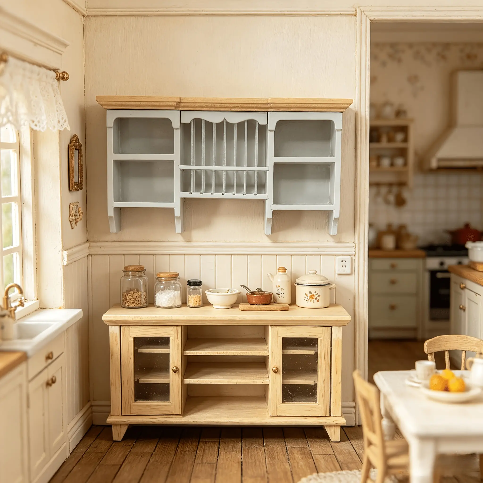 2Pcs Wooden Miniature Furniture Set Dollhouse Accessory Shelf Storage Cabinet Kitchen Living Room Wall Mount Combo Premium Minimalist Multi Layer Open Unit Multi Functional TV Stand Christmas Easter New Year Gift