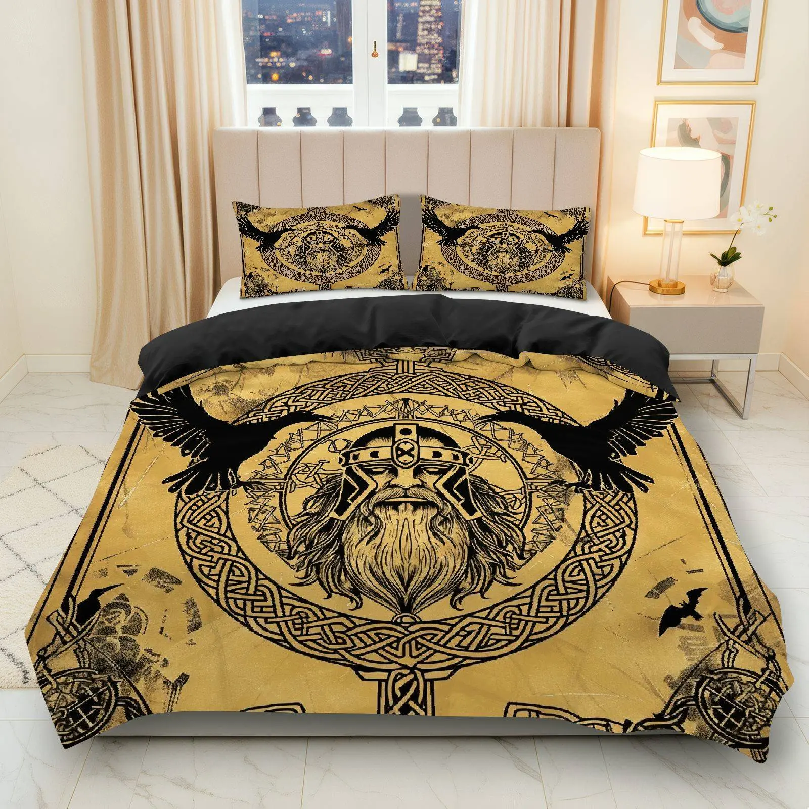 3PCS Duvet Cover Set, 1 Duvet+2 Pillowcases(Without filler), Viking Norse Raven Warrior Mythology theme, Halloween bedding set, Nordic Legend Suitable for decoration bedroom, guest room, college dorm, apartment.