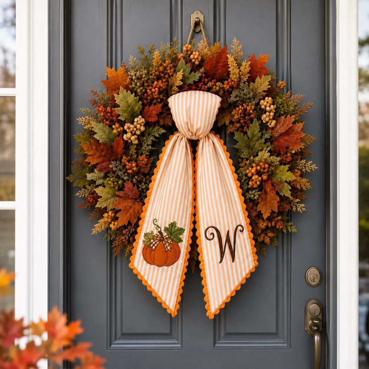 Personalized Fall Wreath Sash, Monogram Pumpkin Bow, Orange Stripe Thanksgiving Wreath Decor, Autumn Front Door Accent